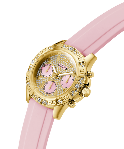 Gold watch with pink strap on a white background lifestyle