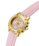 Gold watch with pink strap on a white background lifestyle
