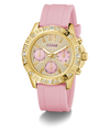 GUESS Ladies Pink Gold Tone Analog Watch with a pink strap on a white background