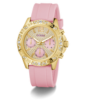 GUESS Ladies Pink Gold Tone Analog Watch with a pink strap on a white background