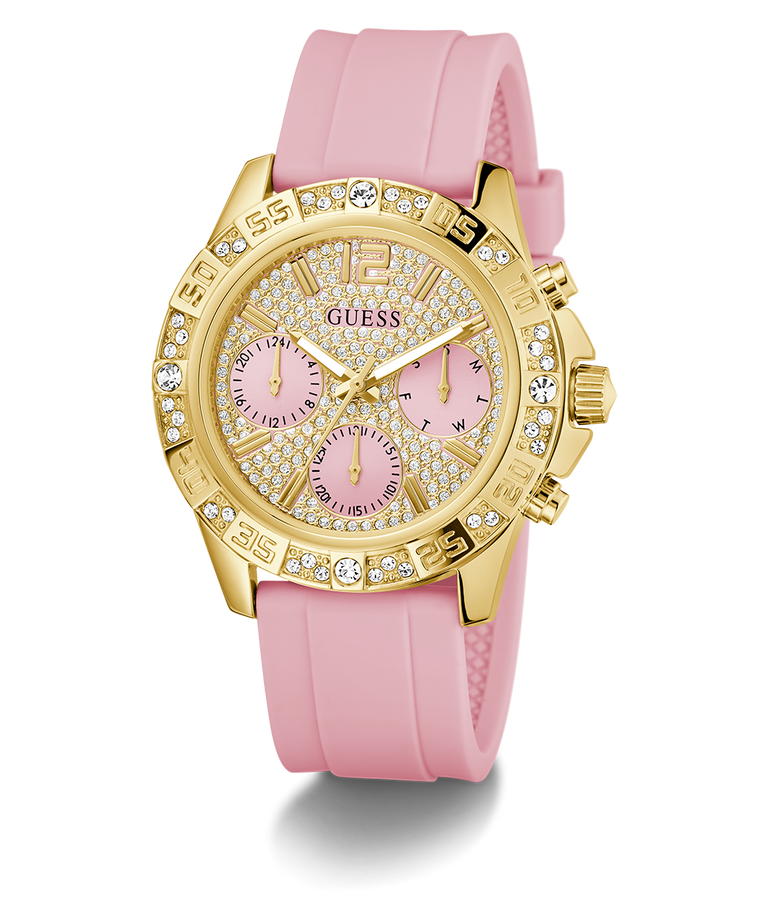 GUESS Ladies Pink Gold Tone Analog Watch with a pink strap on a white background