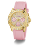 GUESS Ladies Pink Gold Tone Analog Watch with a pink strap on a white background