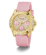 GUESS Ladies Pink Gold Tone Analog Watch with a pink strap on a white background