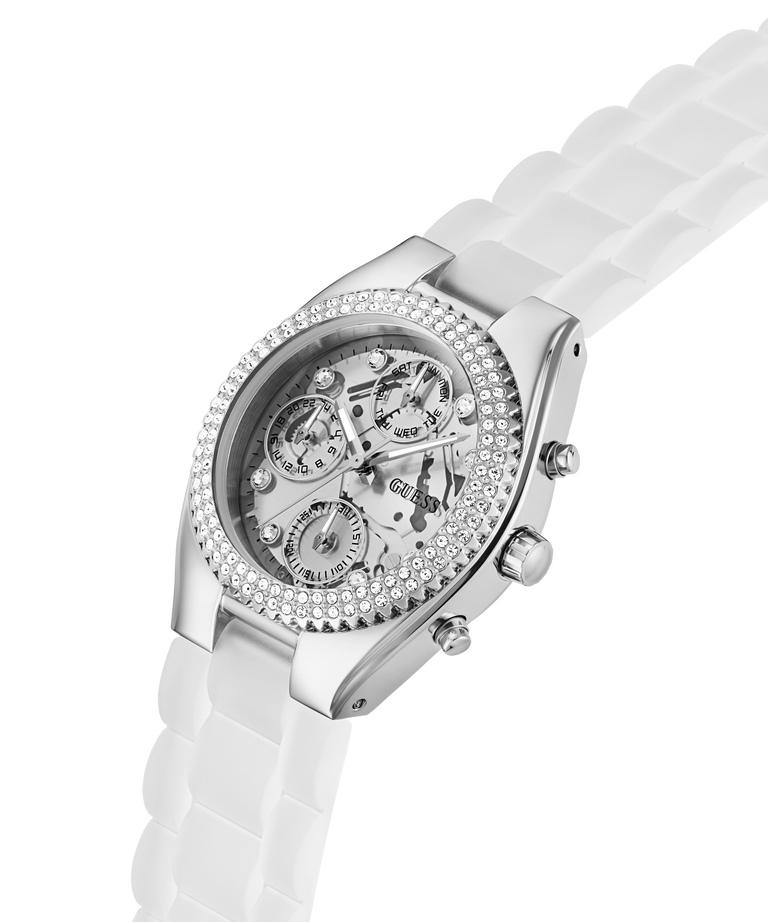 GW0773L1 GUESS Ladies Clear Silver Tone Multi-function Watch lifestyle angle