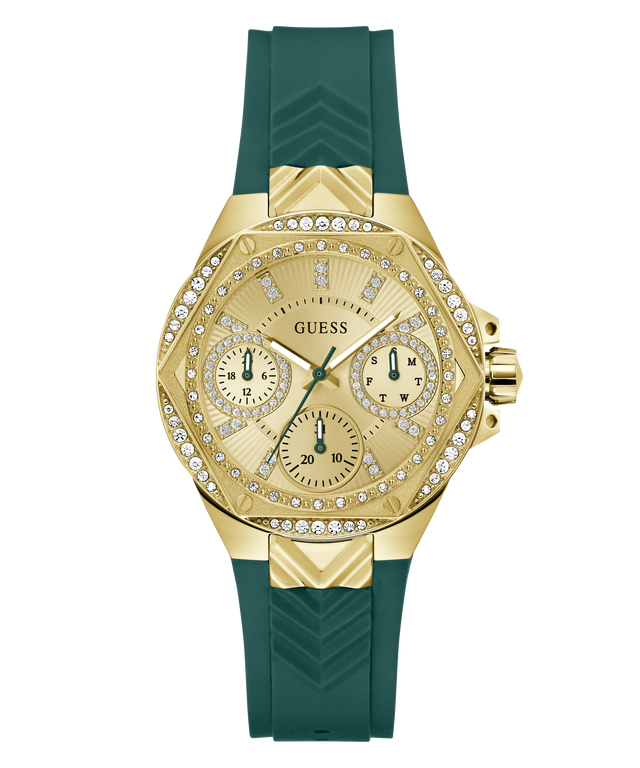 GUESS Ladies Green Gold Tone Multi-function Watch