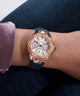 GW0774L3 GUESS Ladies Blue Rose Gold Tone Multi-function Watch watch on model