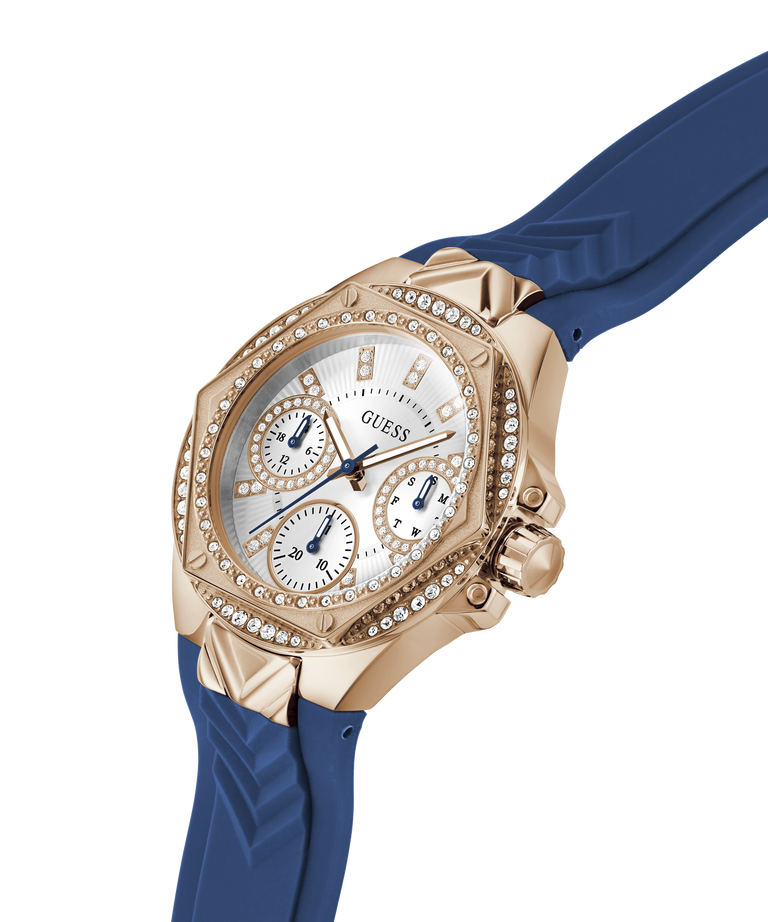 GW0774L3 GUESS Ladies Blue Rose Gold Tone Multi-function Watch lifestyle