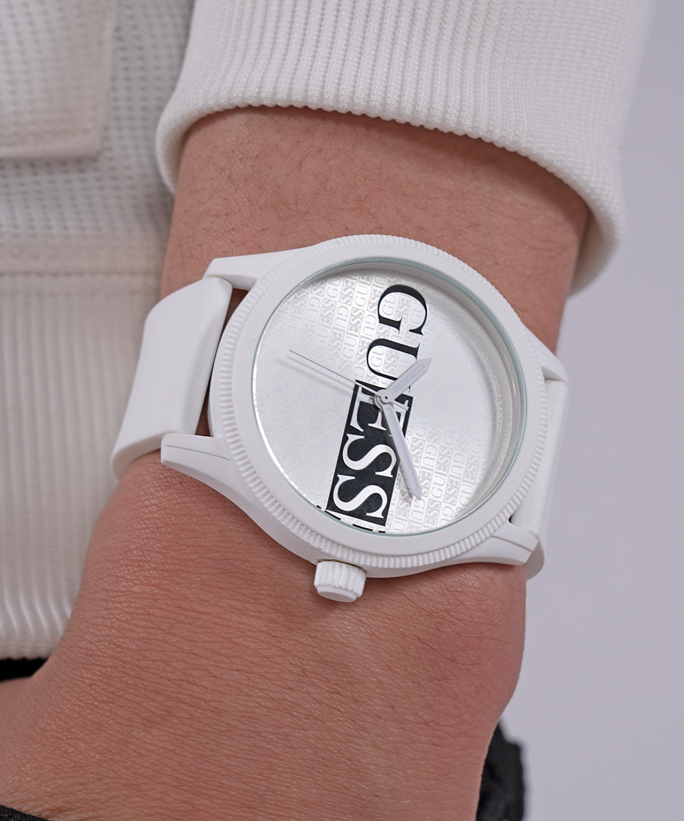 GW0780G1 GUESS Mens White Analog Watch lifestyle watch on arm