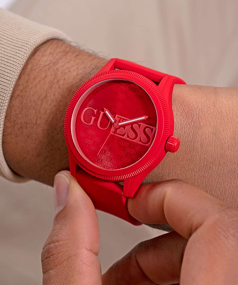 GW0780G2 GUESS Mens Red Analog Watch lifestyle watch on wrist