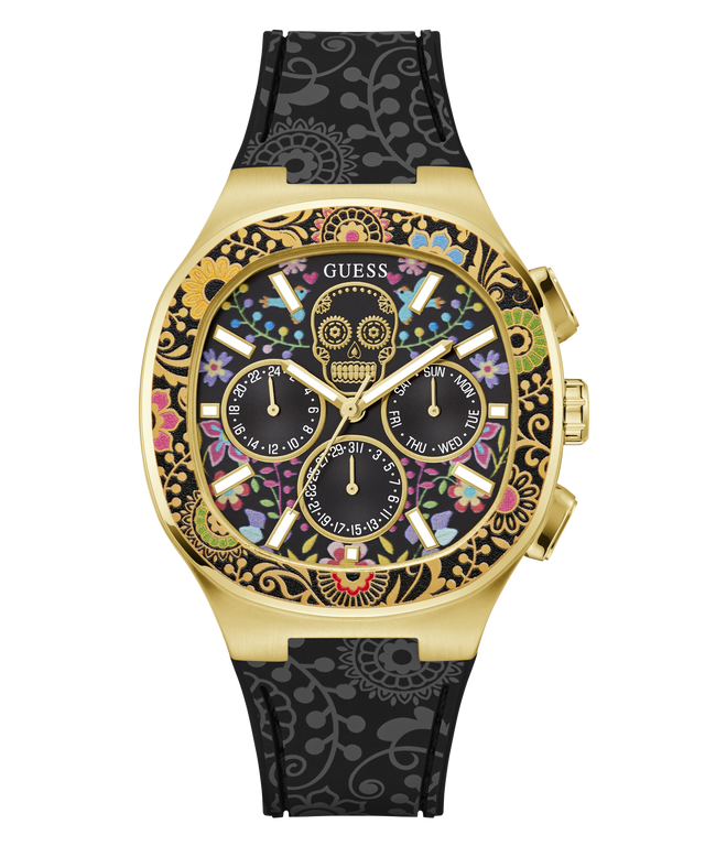 GW0784G1 GUESS Mens Day of the Dead Black Gold Tone Multi-function Watch