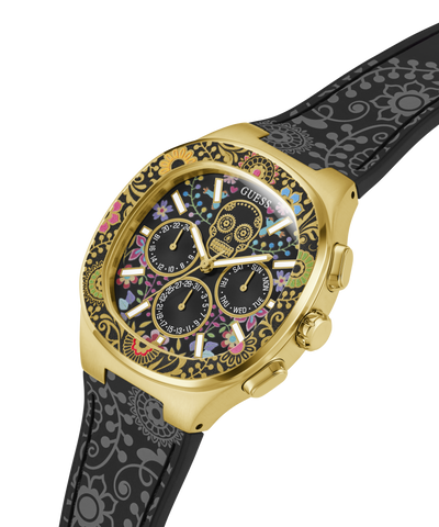 GW0784G1 GUESS Mens Day of the Dead Black Gold Tone Multi-function Watch lifestyle angle