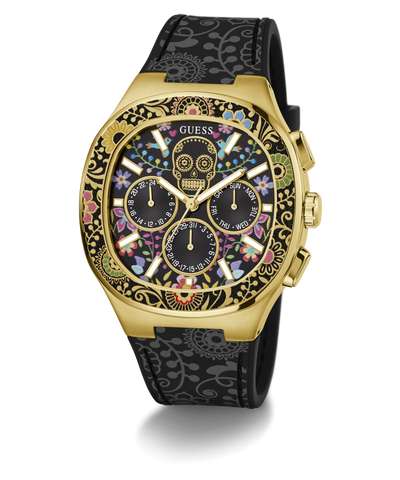 GW0784G1 GUESS Mens Day of the Dead Black Gold Tone Multi-function Watch angle