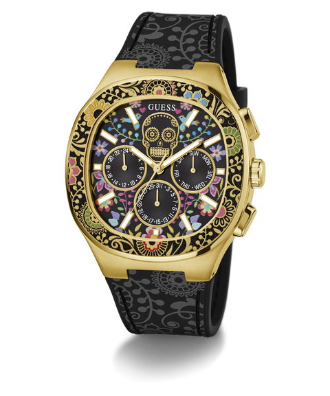 GUESS ゴールド ブラック 腕時計 GUESS Mens Day of the Dead Black Gold Tone Multi-function Watch