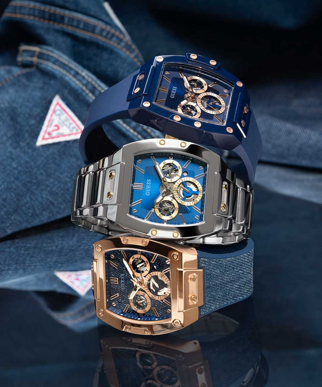 GW0786G2 GUESS Mens Blue Rose Gold Tone Multi-function Watch three blue watch in a stack