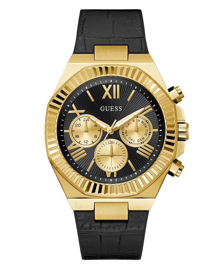 GUESS Mens Black Gold Tone Multi-function Watch with black strap and detailed face on a white background