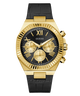 GUESS Mens Black Gold Tone Multi-function Watch with black strap and detailed face on a white background