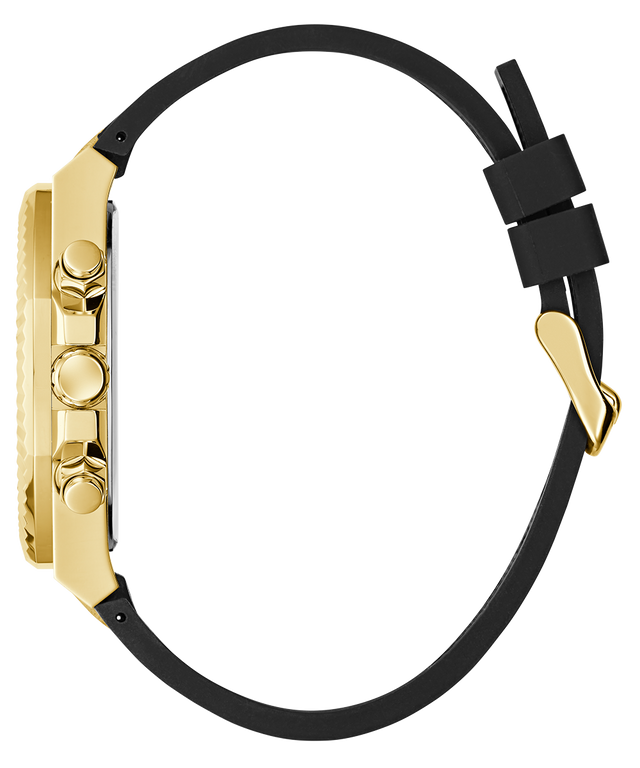 Side of GUESS Mens Black Gold Tone Multi-function Watch with black strap on a white background