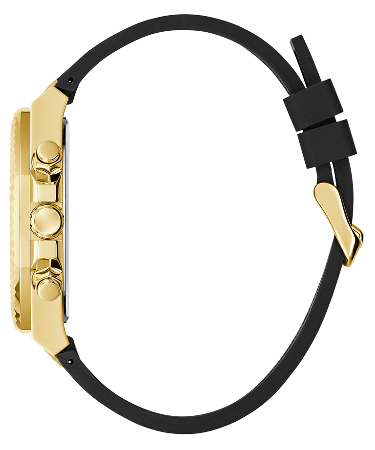 Side of GUESS Mens Black Gold Tone Multi-function Watch with black strap on a white background