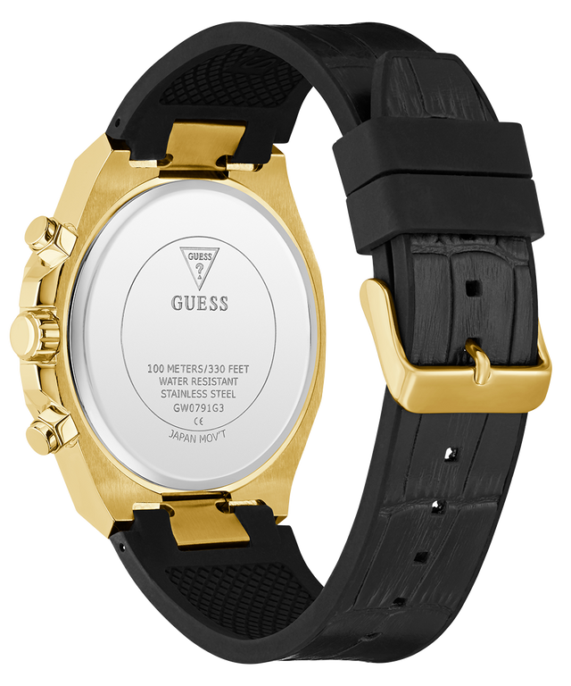 Caseback of GUESS Mens Black Gold Tone Multi-function Watch with visible Guess logo on a white background