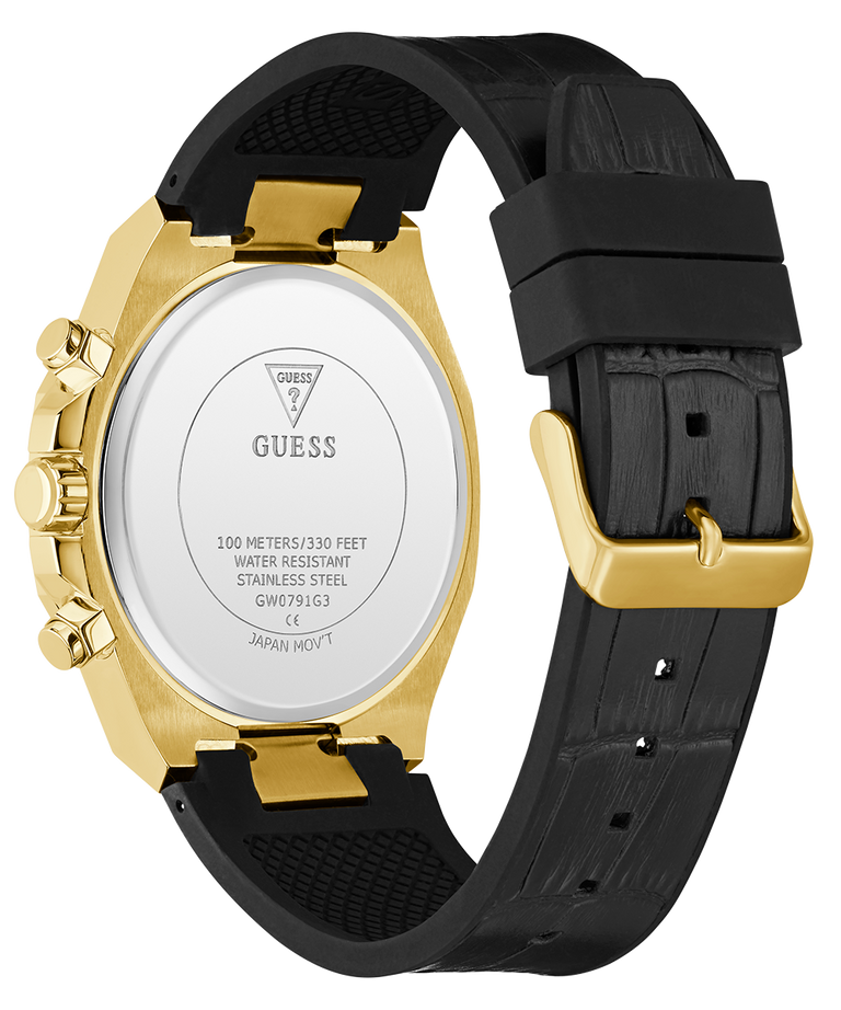 Caseback of GUESS Mens Black Gold Tone Multi-function Watch with visible Guess logo on a white background