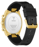 Caseback of GUESS Mens Black Gold Tone Multi-function Watch with visible Guess logo on a white background