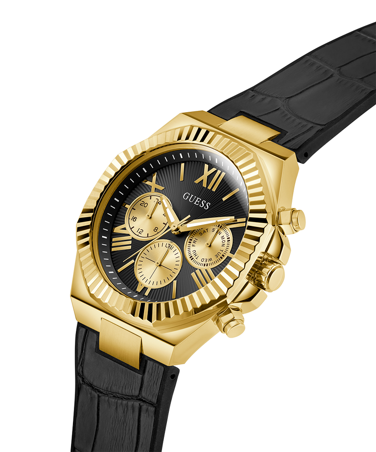 Gold and black watch with a detailed face on a white background lifestyle