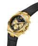 Gold and black watch with a detailed face on a white background lifestyle