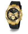 Gold and black watch with a detailed face on a white background