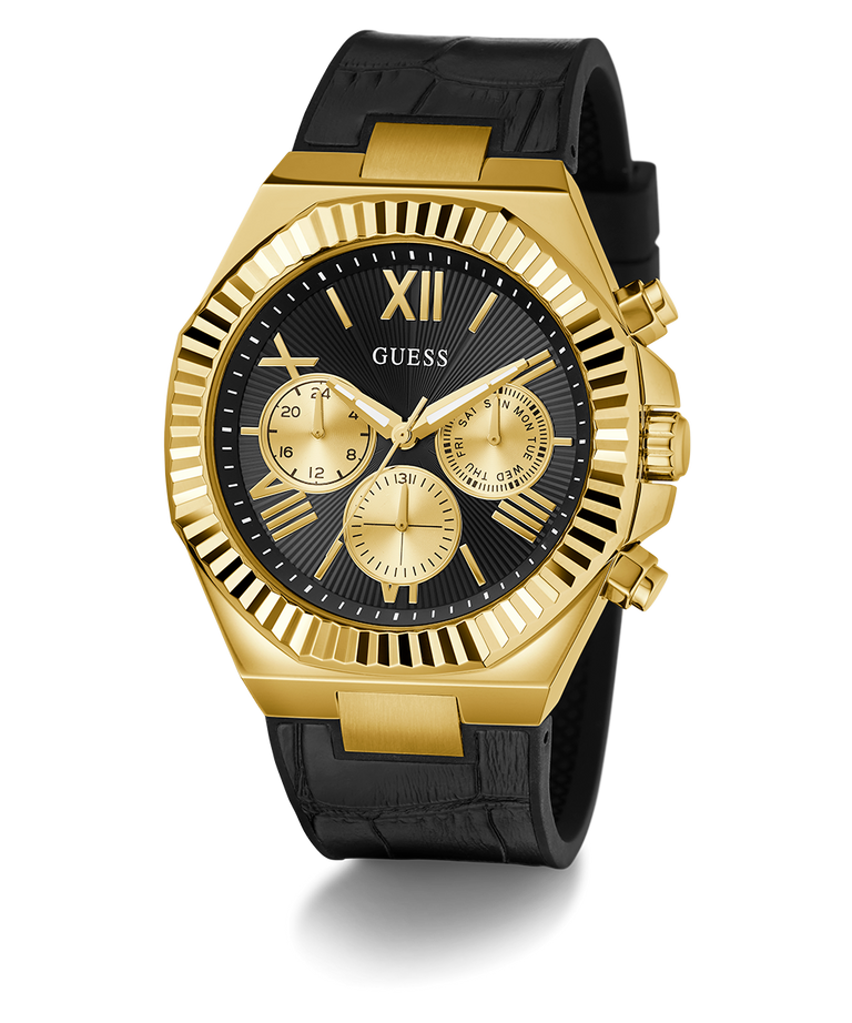 Gold and black watch with a detailed face on a white background