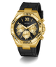 Gold and black watch with a detailed face on a white background