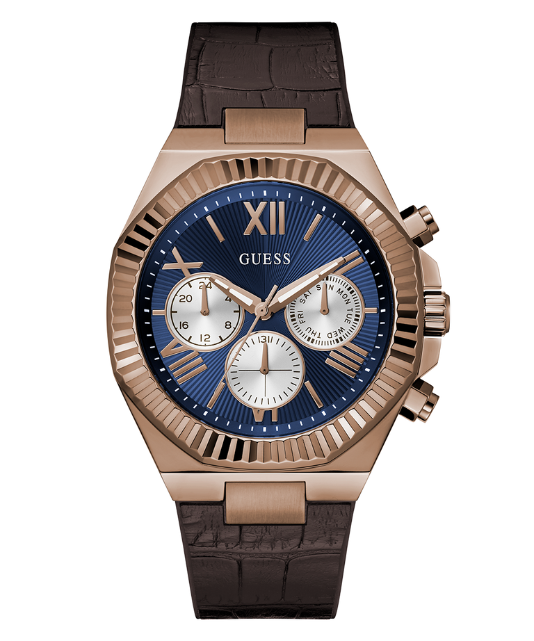 GUESS Mens Brown Coffee Multi-function Watch with brown strap and blue dial on a white background