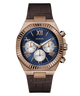 GUESS Mens Brown Coffee Multi-function Watch with brown strap and blue dial on a white background