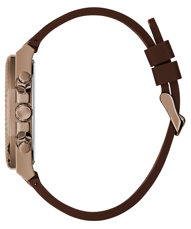 Watch with brown strap and rose gold case on a white background