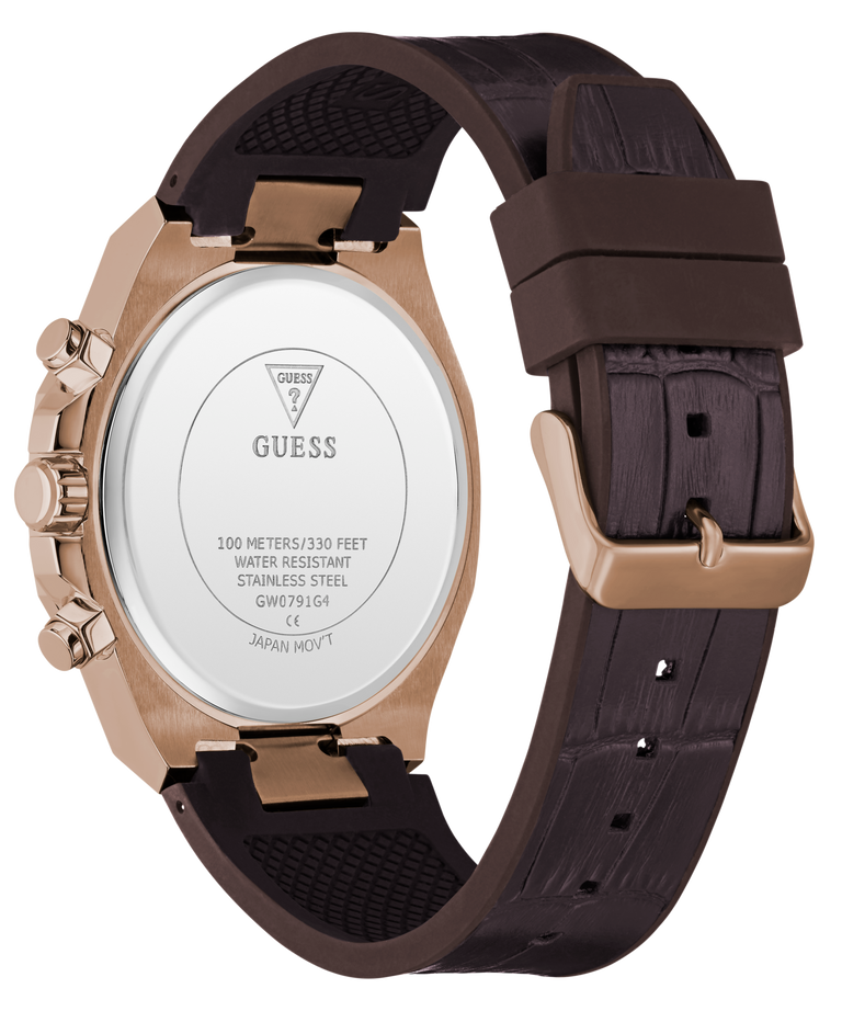 Caseback of GUESS Mens Brown Coffee Multi-function Watch with brown strap and gold case on a white background