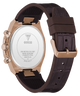 Caseback of GUESS Mens Brown Coffee Multi-function Watch with brown strap and gold case on a white background