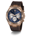 GUESS Mens Brown Coffee Multi-function Watch with brown strap and blue face on a white background