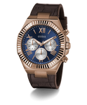 GUESS Mens Brown Coffee Multi-function Watch with brown strap and blue face on a white background
