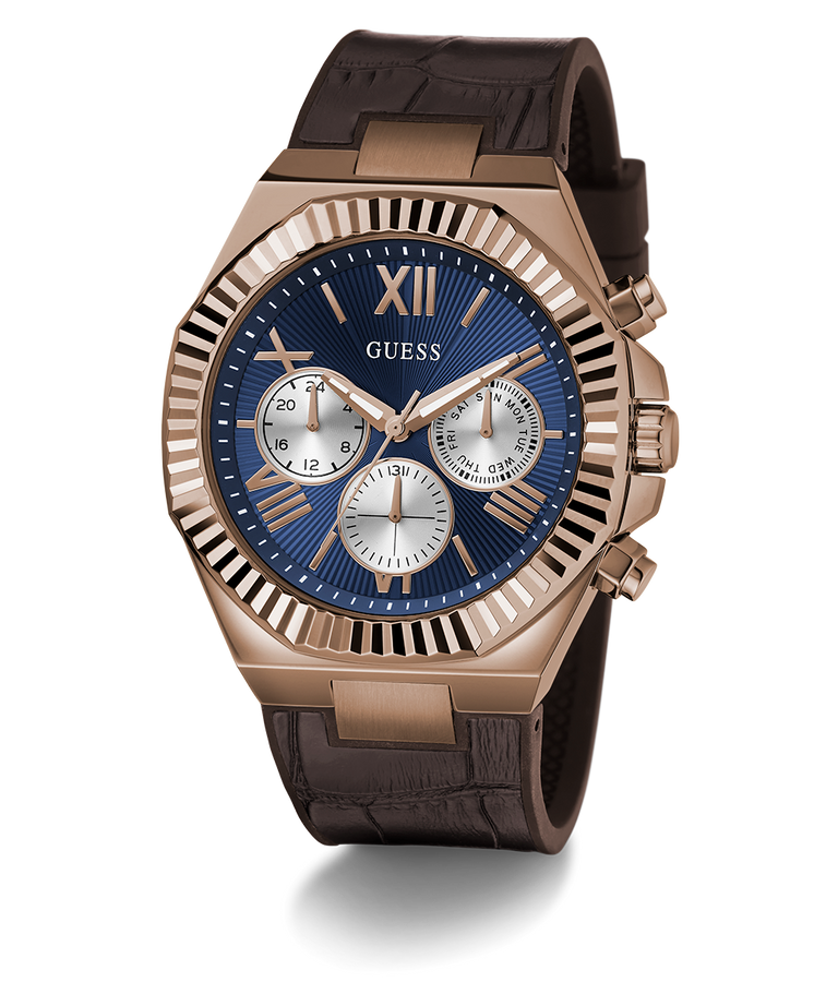 GUESS Mens Brown Coffee Multi-function Watch with brown strap and blue face on a white background