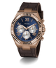 GUESS Mens Brown Coffee Multi-function Watch with brown strap and blue face on a white background