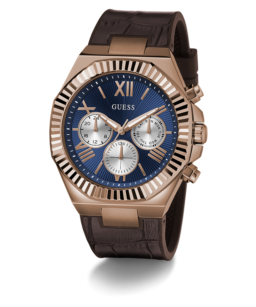 GUESS Mens Brown Coffee Multi-function Watch with brown strap and blue face on a white background
