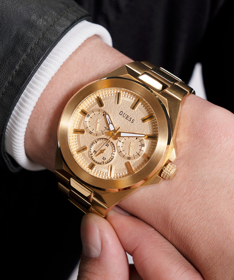 GW0798G2 GUESS Mens Gold Tone Multi-function Watch watch on arm