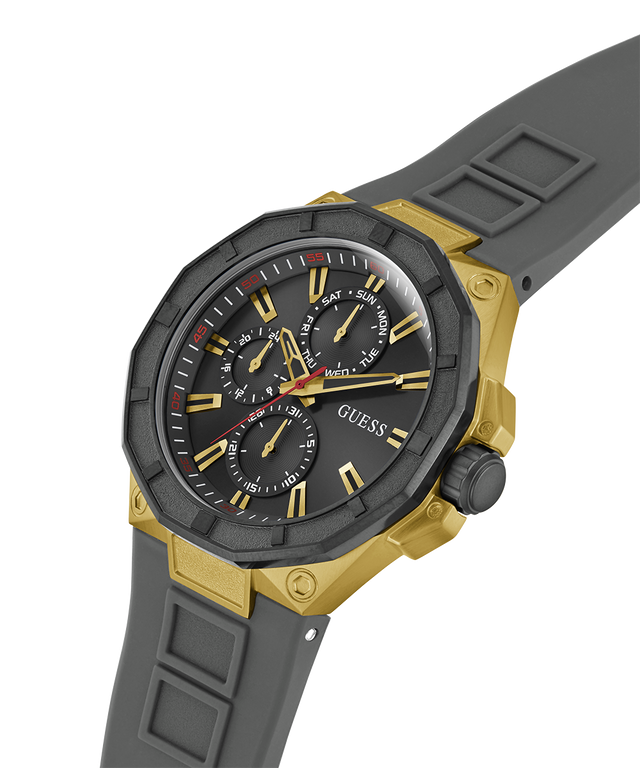 GW0803G1 GUESS Mens Gray Gold Tone Multi-function Watch lifestyle angle