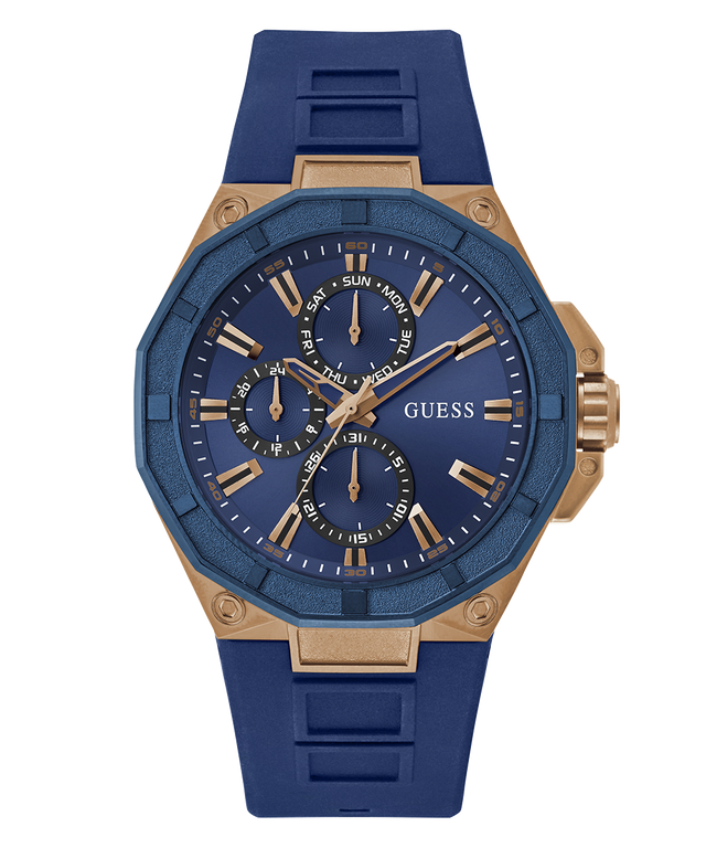 GW0803G2 GUESS Mens Blue Rose Gold Tone Multi-function Watch