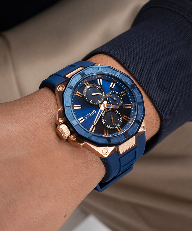 GW0803G2 GUESS Mens Blue Rose Gold Tone Multi-function Watch lifestyle watch on wrist