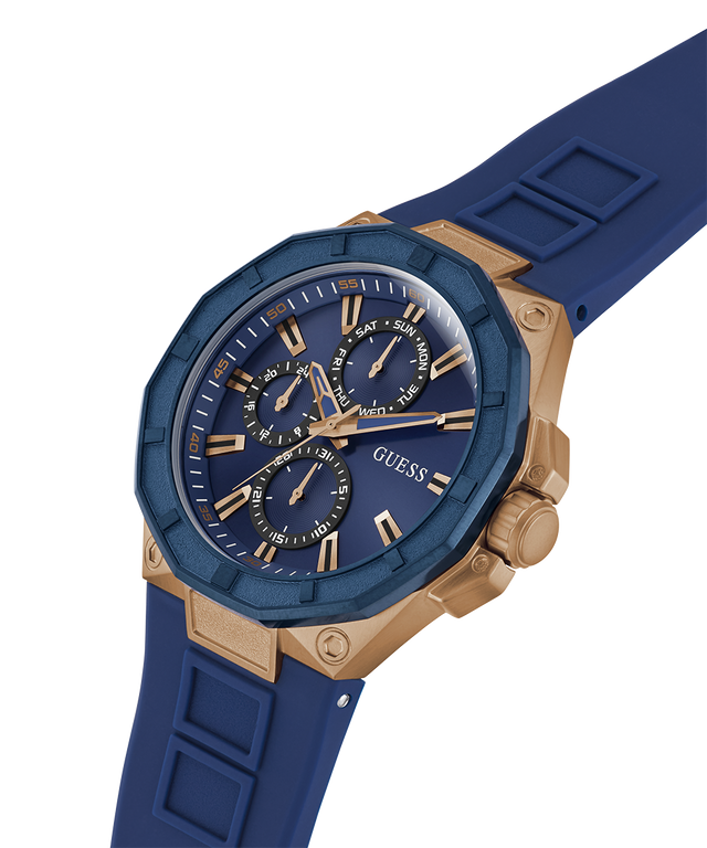 GW0803G2 GUESS Mens Blue Rose Gold Tone Multi-function Watch lifestyle angle