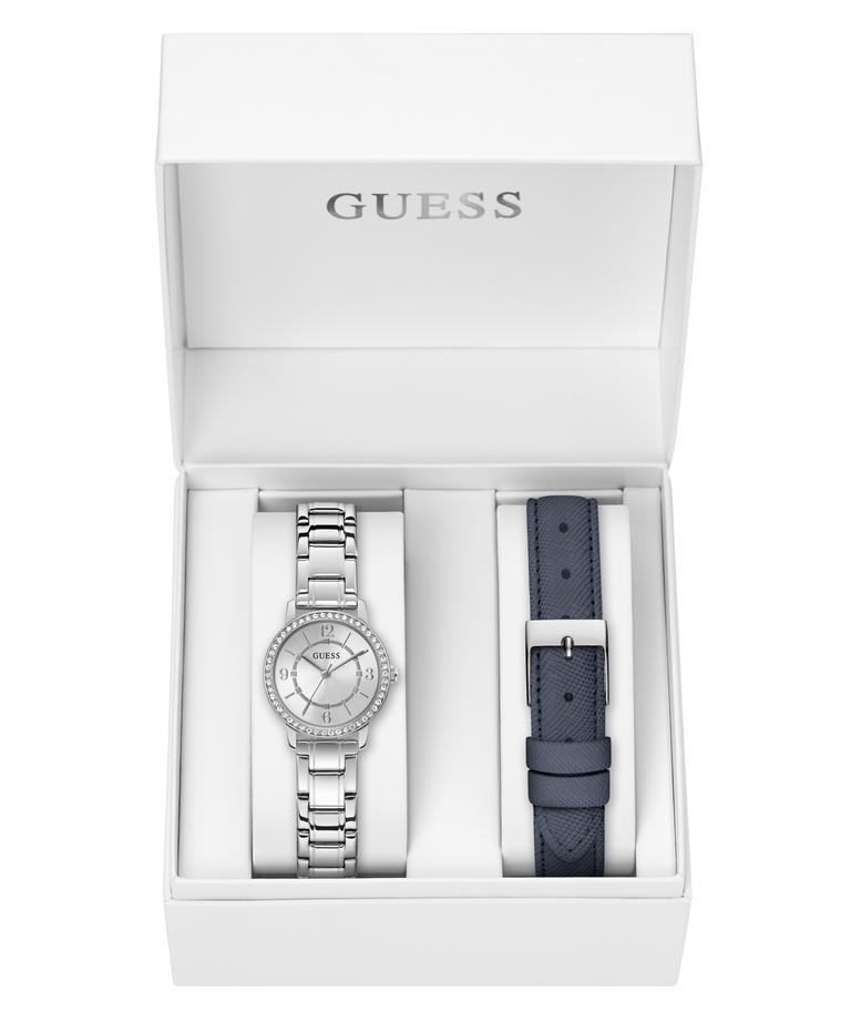 GW0808L1 GUESS Ladies Silver Tone Analog Watch Box Set box