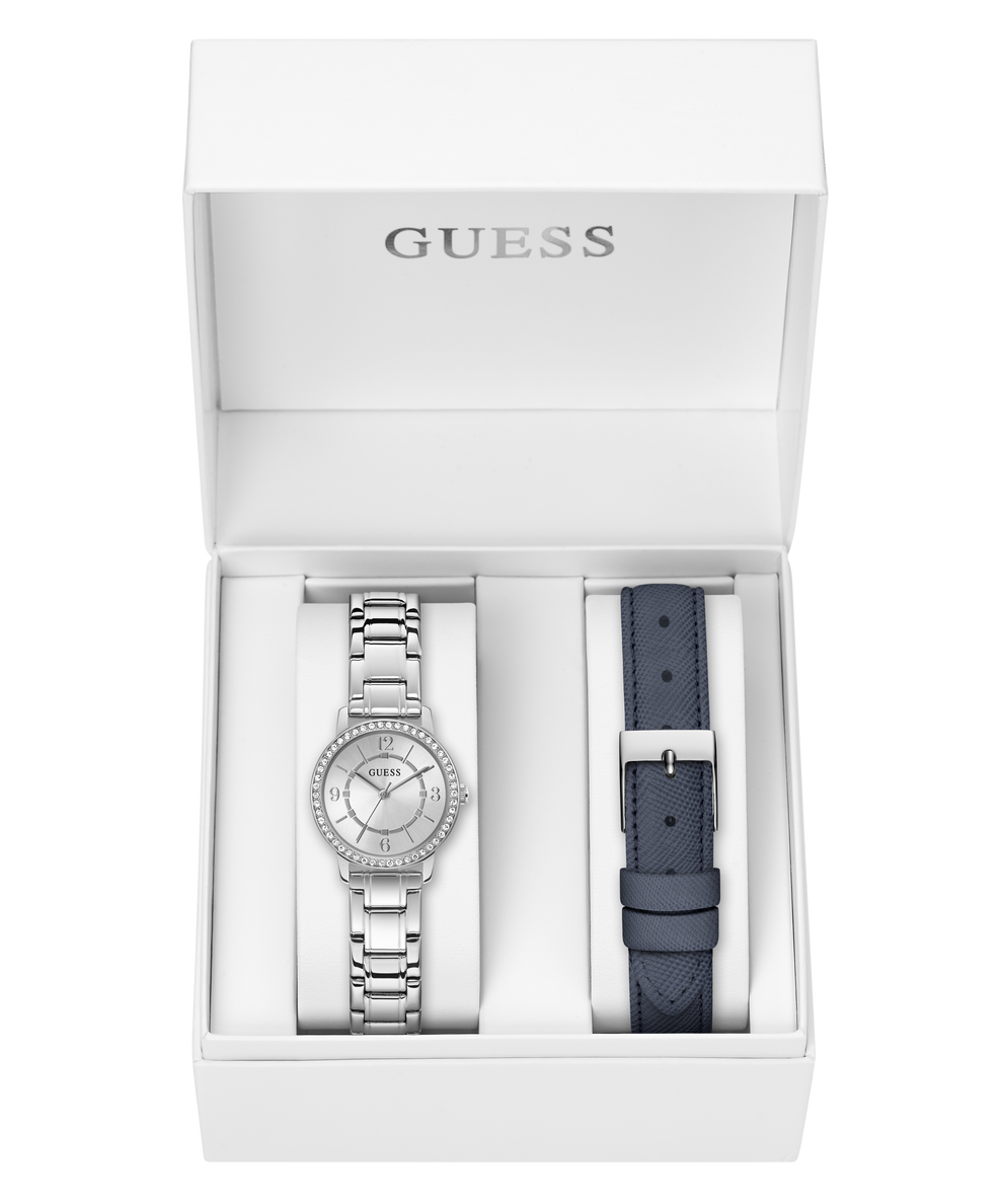 GW0808L1 GUESS Ladies Silver Tone Analog Watch Box Set box