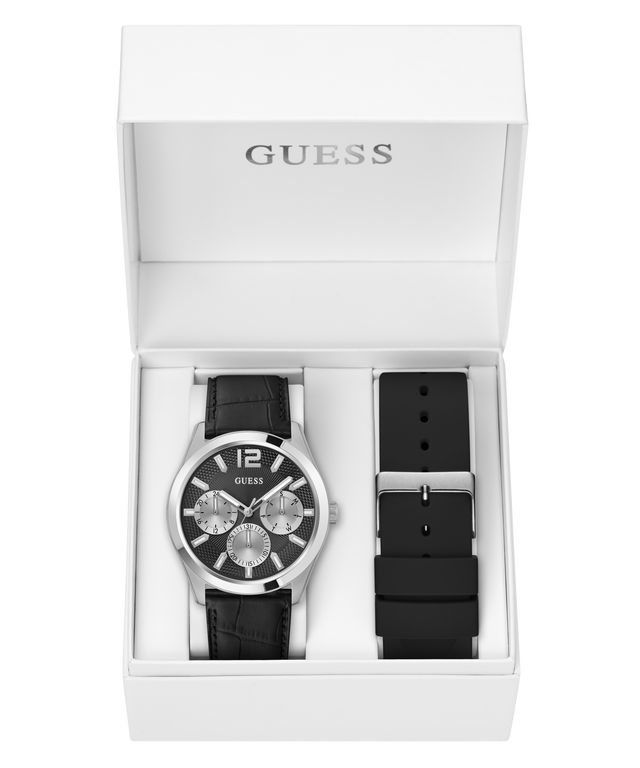 GW0809G1 GUESS Mens Silver Tone Multi-function Watch Box Set packaging