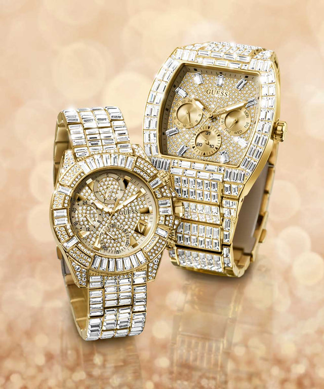 GW0812L2 40th Anniversary Limited Edition GUESS Ladies Gold Tone Multi-function Watch beauty shot of watches