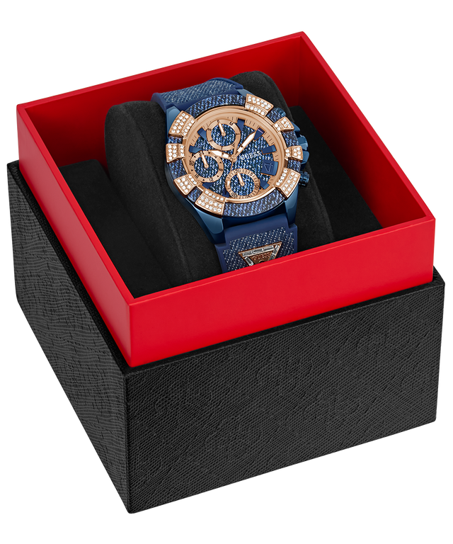 40th Anniversary Special Edition GUESS Ladies Blue Rose Gold Tone Multi-function Watch packaging in box